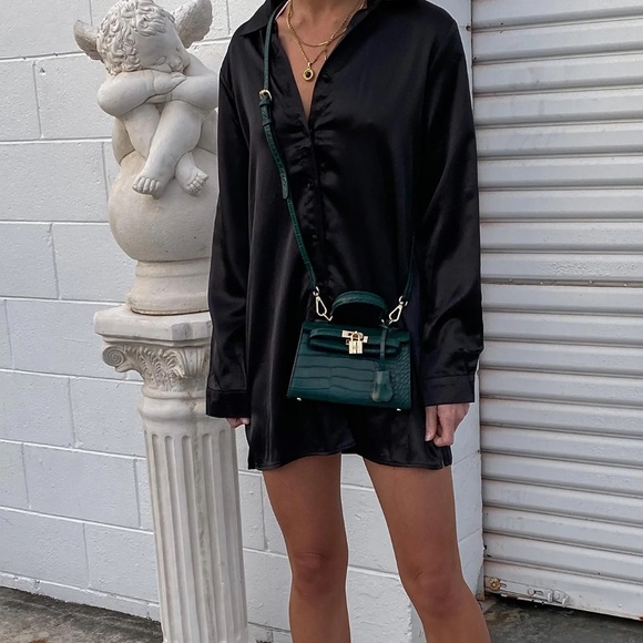 Princess Polly Satin Shirt Mini Dress Black Eco - Picture 2 of 2